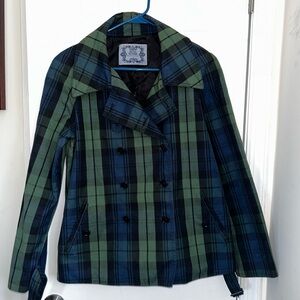Brooks Brothers Green and Blue Pea Coat Classic Tartan Design